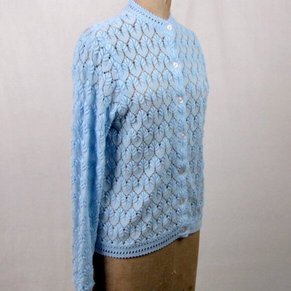 Vintage 70s Blue Sweater Cardigan Lane Bryant Medium Long Rockabilly School Girl - Picture 2 of 10